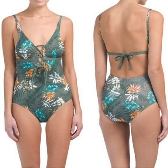 Moontide Lace Down One-Piece Swimsuit in Palm Tropical Leaves Open Back 12 Large - Picture 1 of 13